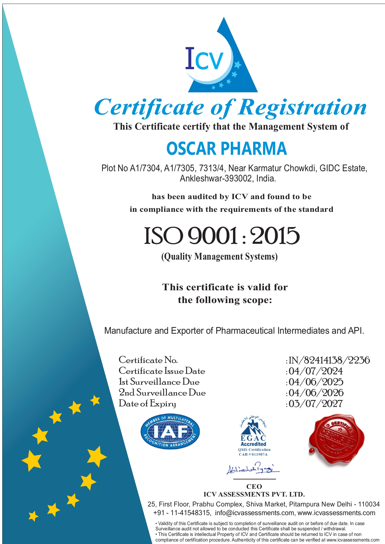 Oscar Pharma Certificate